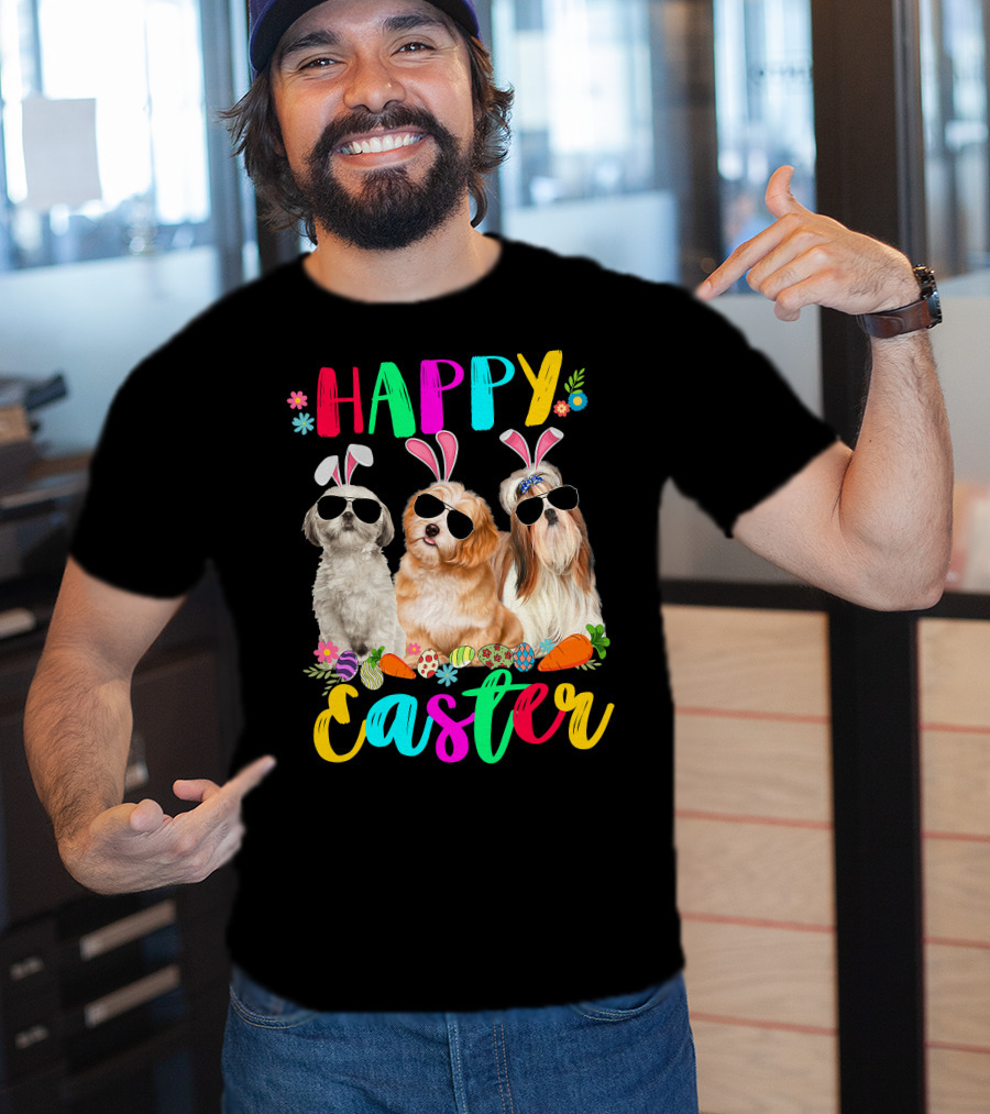 Happy Easter Three Shih Tzu Dogs With Bunny Ears And Sunglasses Eggs Carrots T-Shirt