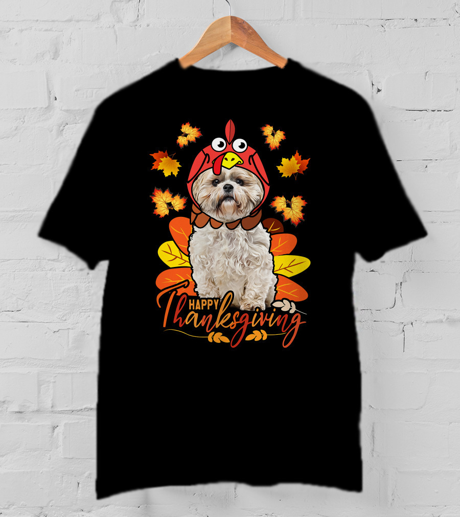 Happy Thanksgiving Shih Tzu Dog In Turkey Costume With Autumn Leaves T-Shirt