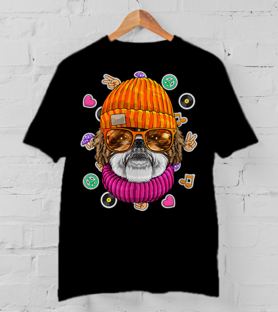 Hipster Shih Tzu With Glasses And Beanie Surrounded By Love Peace And Music Icons T-Shirt