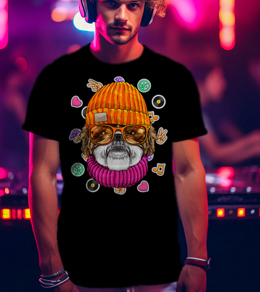 Hipster Shih Tzu With Glasses And Beanie Surrounded By Love Peace And Music Icons T-Shirt