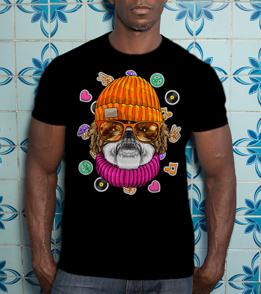 Hipster Shih Tzu With Glasses And Beanie Surrounded By Love Peace And Music Icons T-Shirt