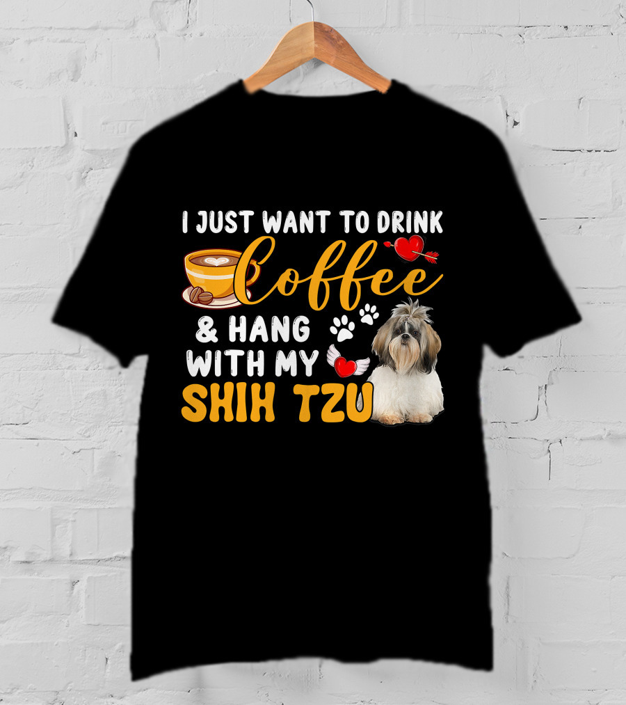 Coffee Lover Shih Tzu With Hearts And Wings T-Shirt