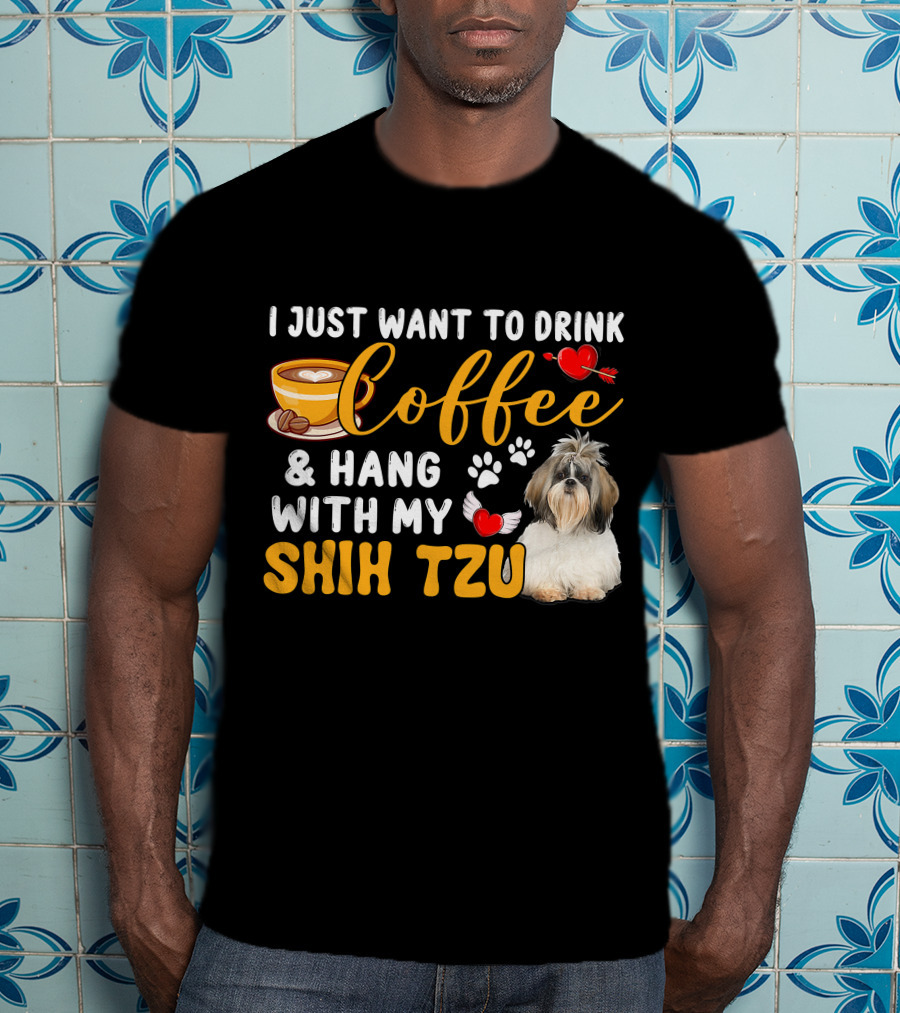 Coffee Lover Shih Tzu With Hearts And Wings T-Shirt