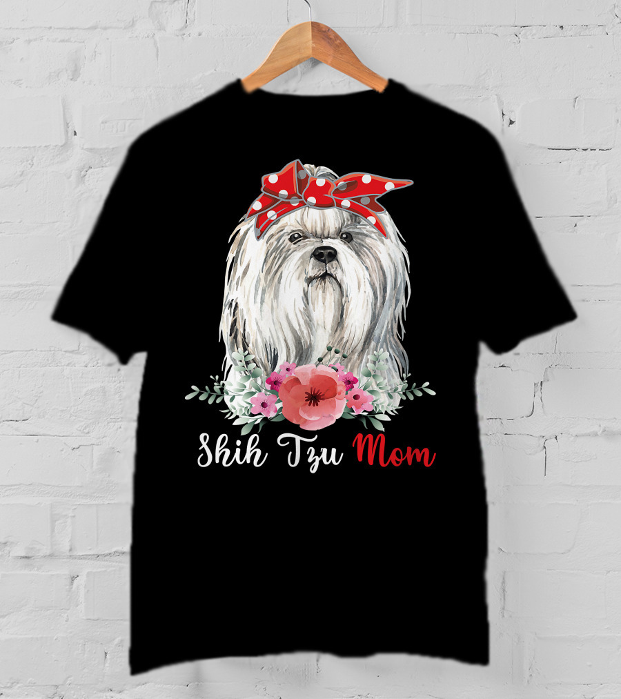 I Shih Tzu Not Funny Shih Tzu Mom Dog Lovers With Red Bow And Flowers T-Shirt