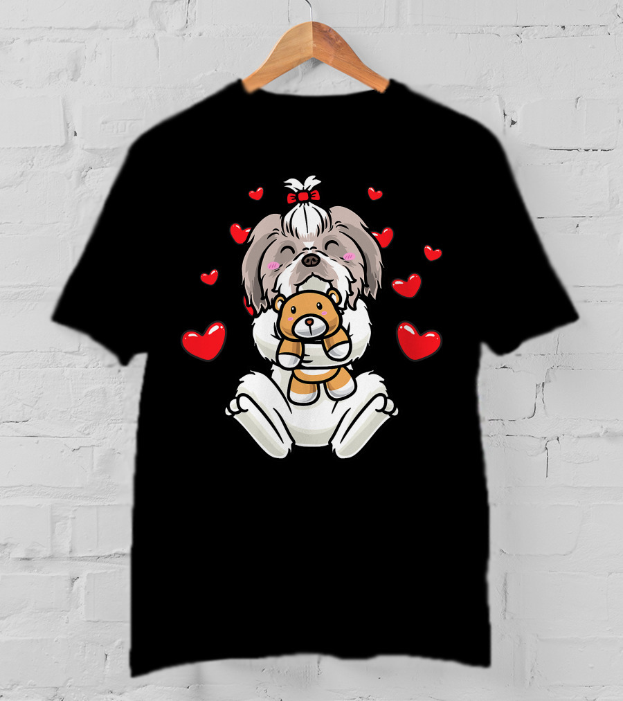 Kawaii Shih Tzu Holding Stuffed Animal Surrounded By Hearts T-Shirt