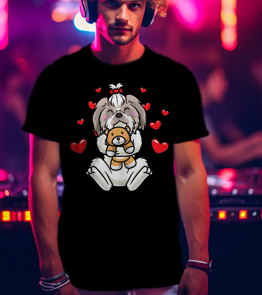Kawaii Shih Tzu Holding Stuffed Animal Surrounded By Hearts T-Shirt