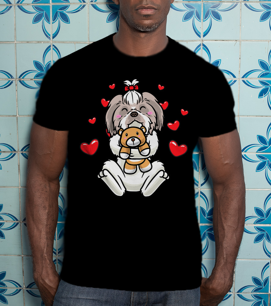 Kawaii Shih Tzu Holding Stuffed Animal Surrounded By Hearts T-Shirt