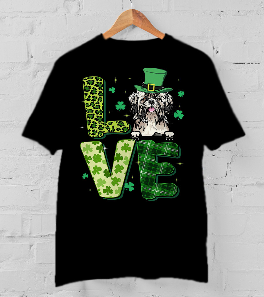 Love Shih Tzu Leopard Plaid Shamrock St Patrick's Day T-Shirt