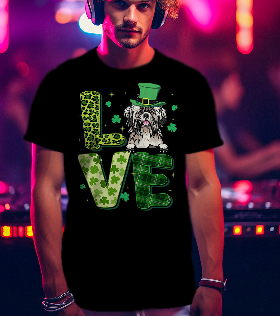 Love Shih Tzu Leopard Plaid Shamrock St Patrick's Day T-Shirt