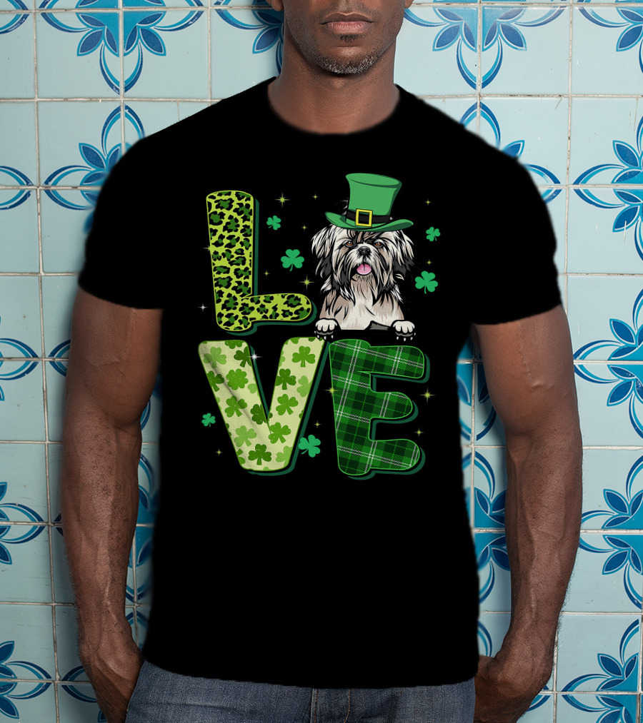 Love Shih Tzu Leopard Plaid Shamrock St Patrick's Day T-Shirt