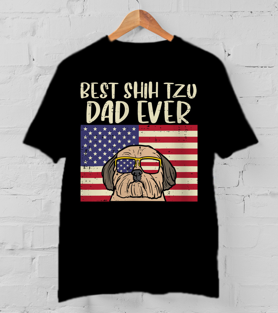 Best Shih Tzu Dad Ever US Flag Patriotic Dog Sunglasses T-Shirt