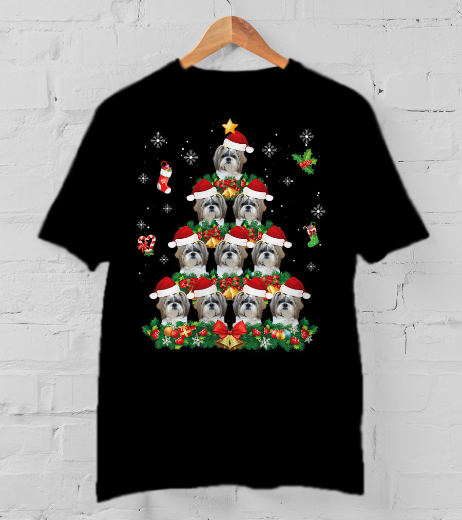 Merry Christmas Shih Tzu Santa Hat Dog Tree Pajama Swe T-Shirt