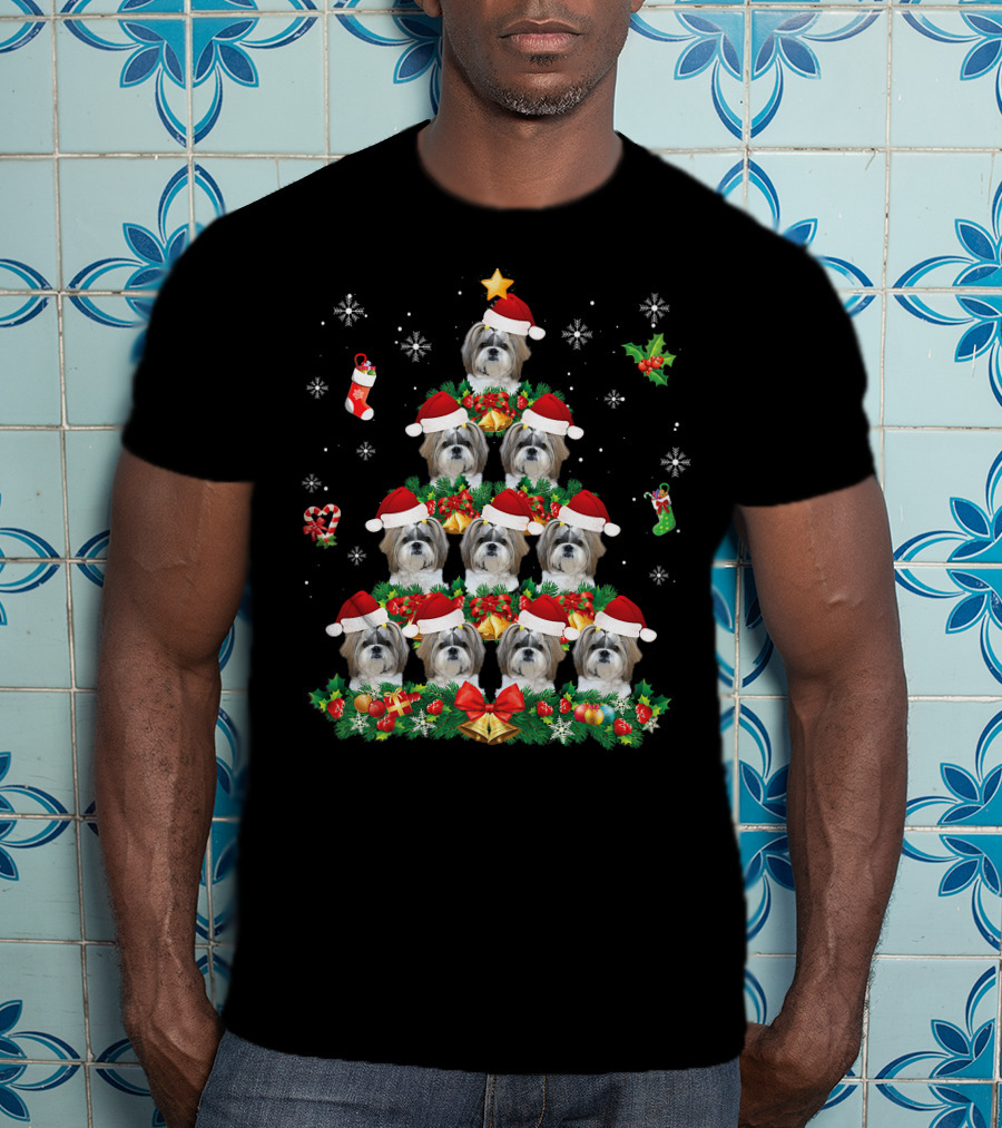 Merry Christmas Shih Tzu Santa Hat Dog Tree Pajama Swe T-Shirt