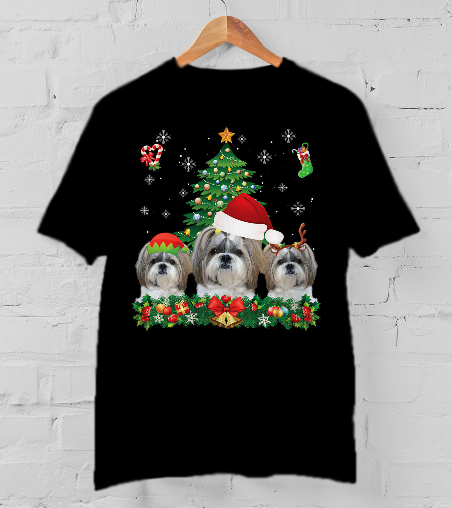 Merry Dogmas Shih Tzu Santa Elf Reindeer Christmas Tree T-Shirt