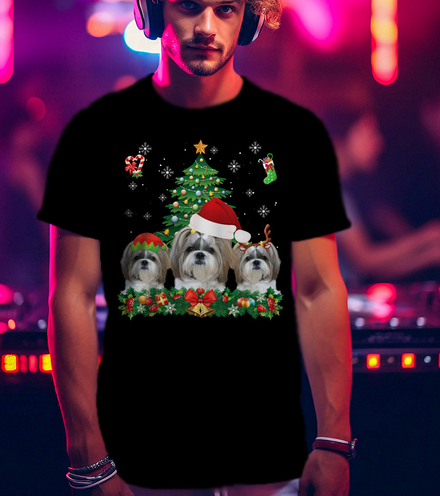 Merry Dogmas Shih Tzu Santa Elf Reindeer Christmas Tree T-Shirt