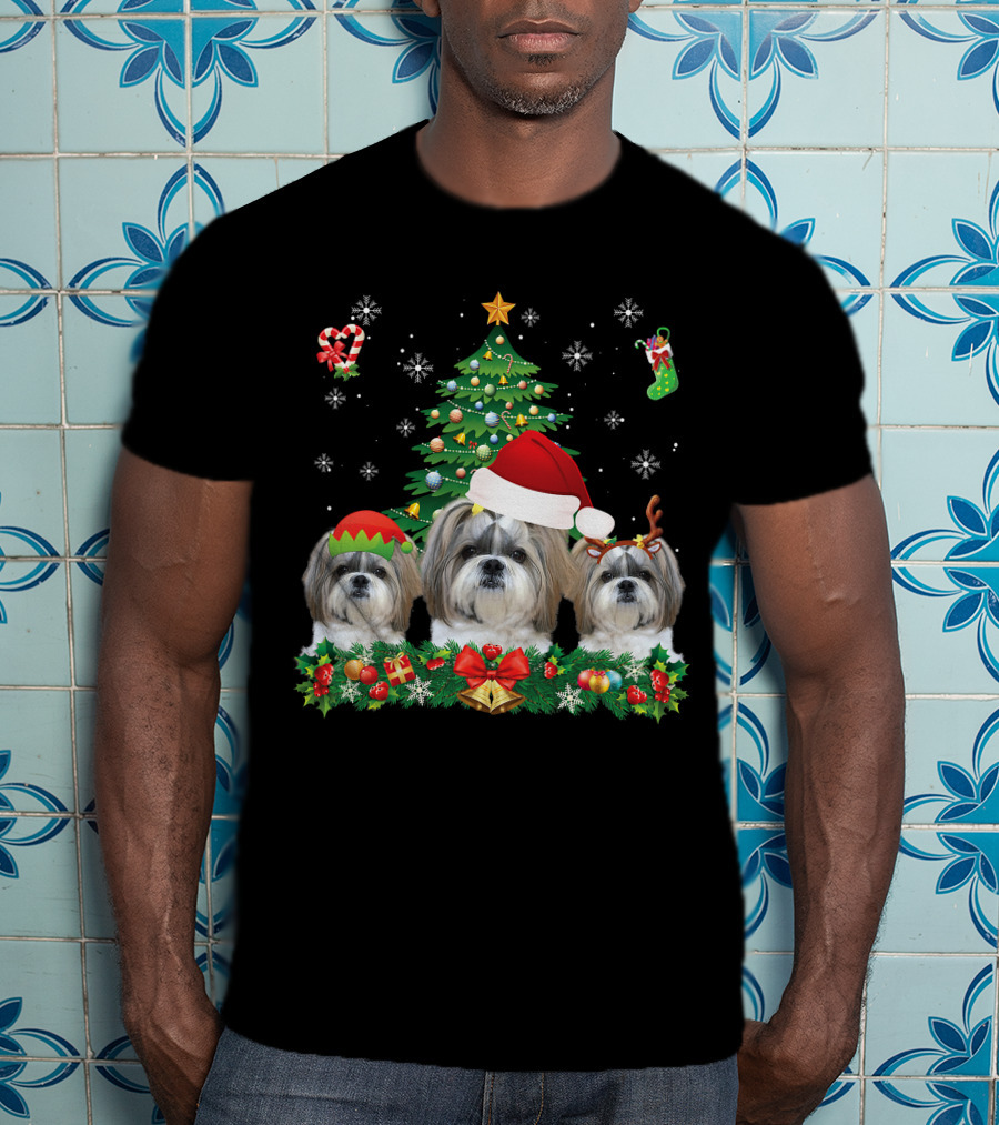Merry Dogmas Shih Tzu Santa Elf Reindeer Christmas Tree T-Shirt