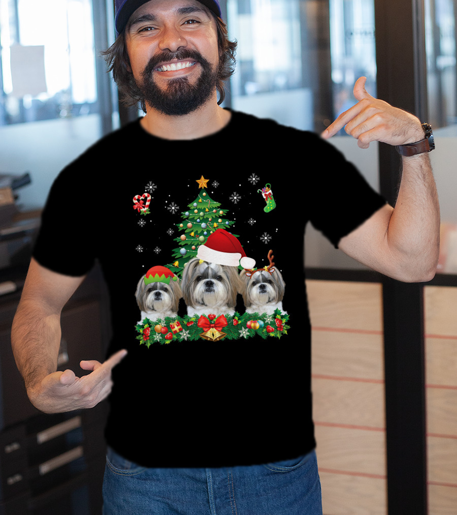 Merry Dogmas Shih Tzu Santa Elf Reindeer Christmas Tree T-Shirt