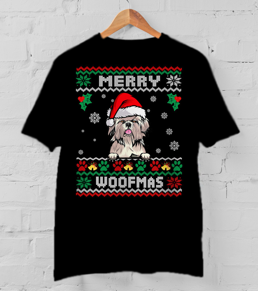 Merry Woofmas Shih Tzu Dog In Santa Hat With Christmas Patterns And Paw Print Snowflakes T-Shirt