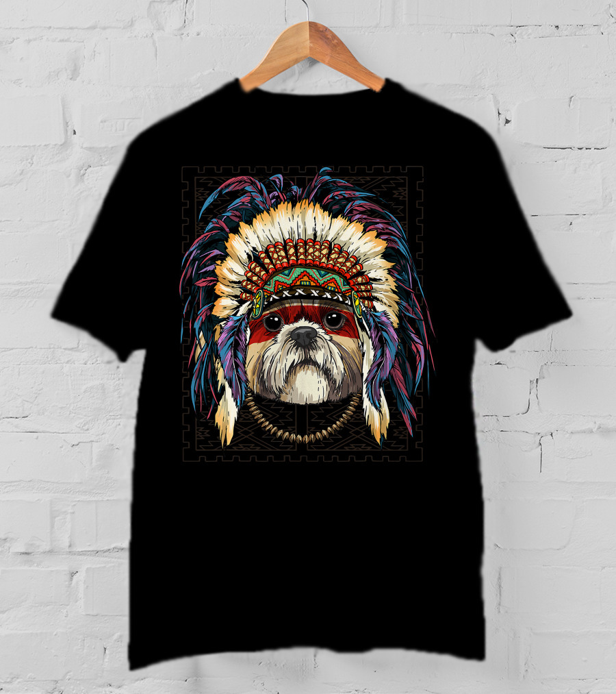 Native Indian Shih Tzu Dog In Traditional American Indian Headdress T-Shirt
