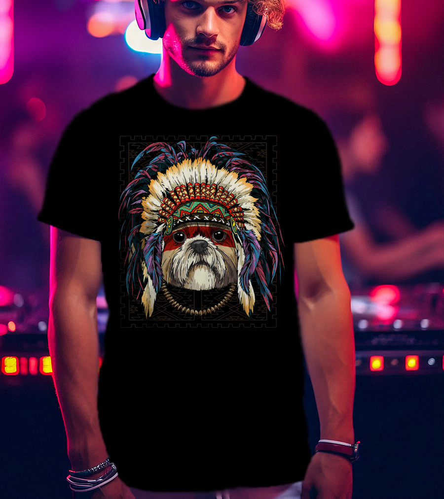 Native Indian Shih Tzu Dog In Traditional American Indian Headdress T-Shirt
