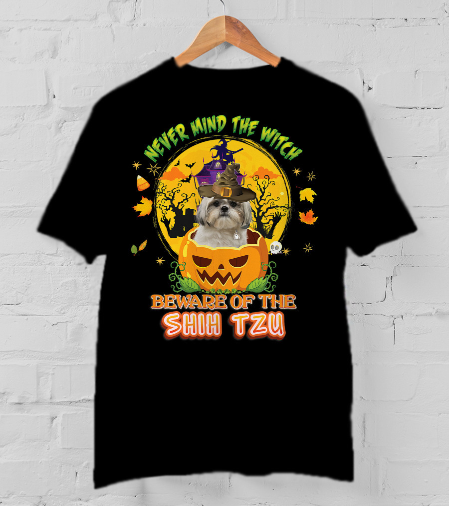Never Mind The Witch Beware Of The Shih Tzu Halloween Pumpkin Dog With Witch Hat T-Shirt