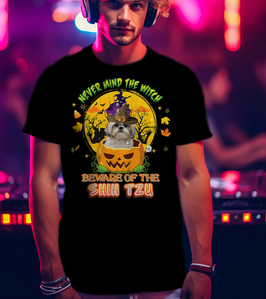 Never Mind The Witch Beware Of The Shih Tzu Halloween Pumpkin Dog With Witch Hat T-Shirt