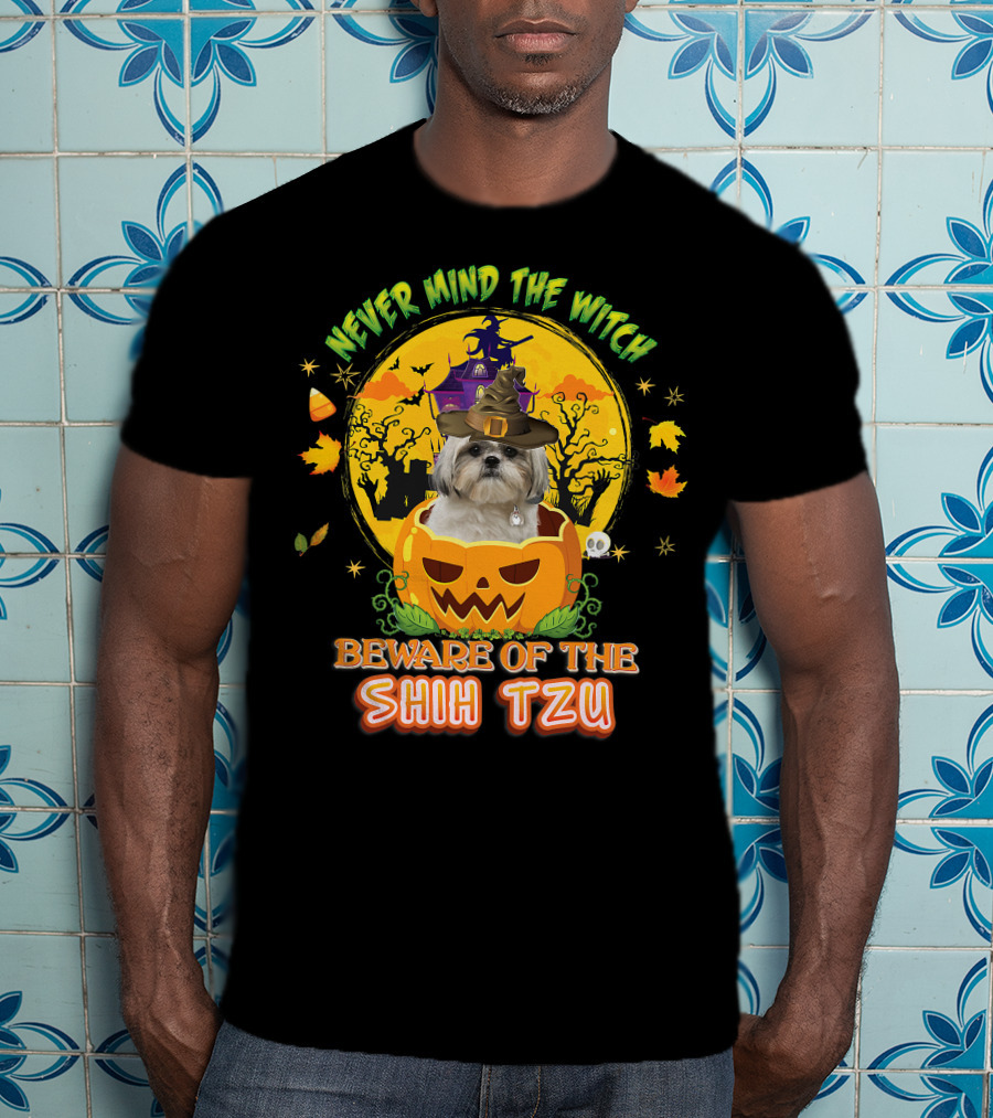 Never Mind The Witch Beware Of The Shih Tzu Halloween Pumpkin Dog With Witch Hat T-Shirt