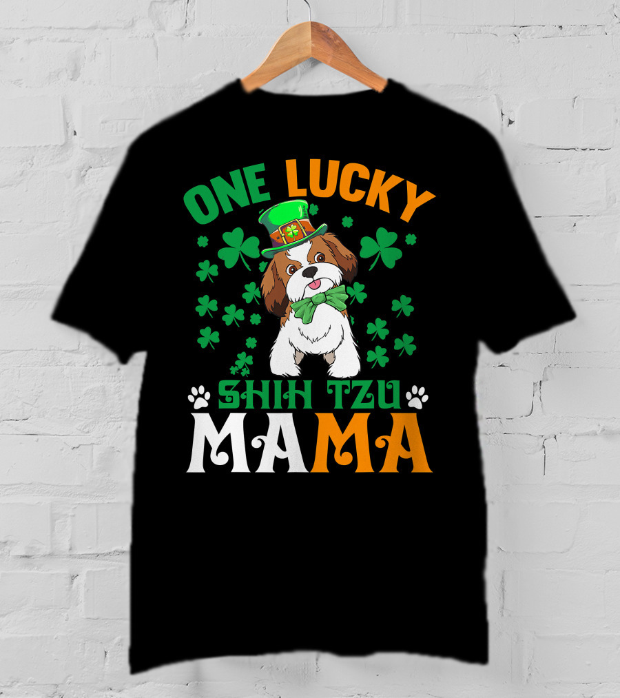 One Lucky Shih Tzu Mama St Patricks Day Green Hat Shamrocks T-Shirt