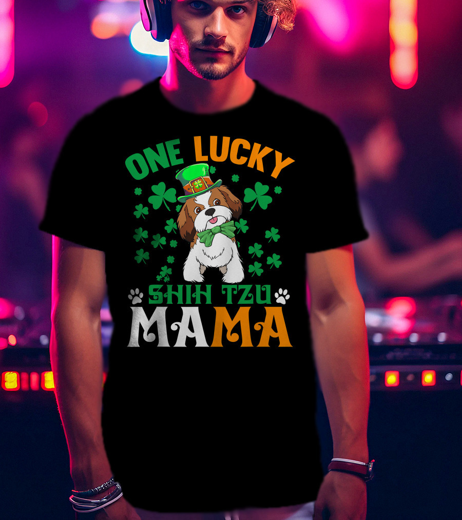 One Lucky Shih Tzu Mama St Patricks Day Green Hat Shamrocks T-Shirt