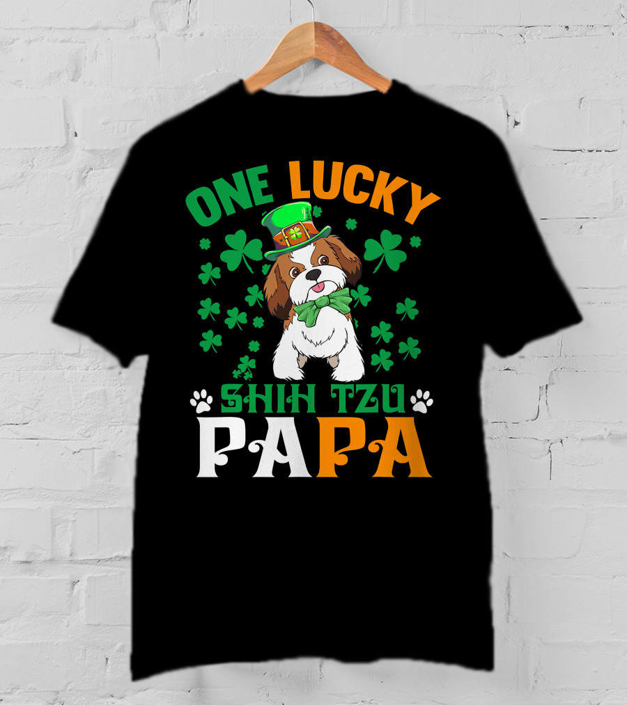 One Lucky Shih Tzu Papa St Patricks Day Dog Hat Clover T-Shirt