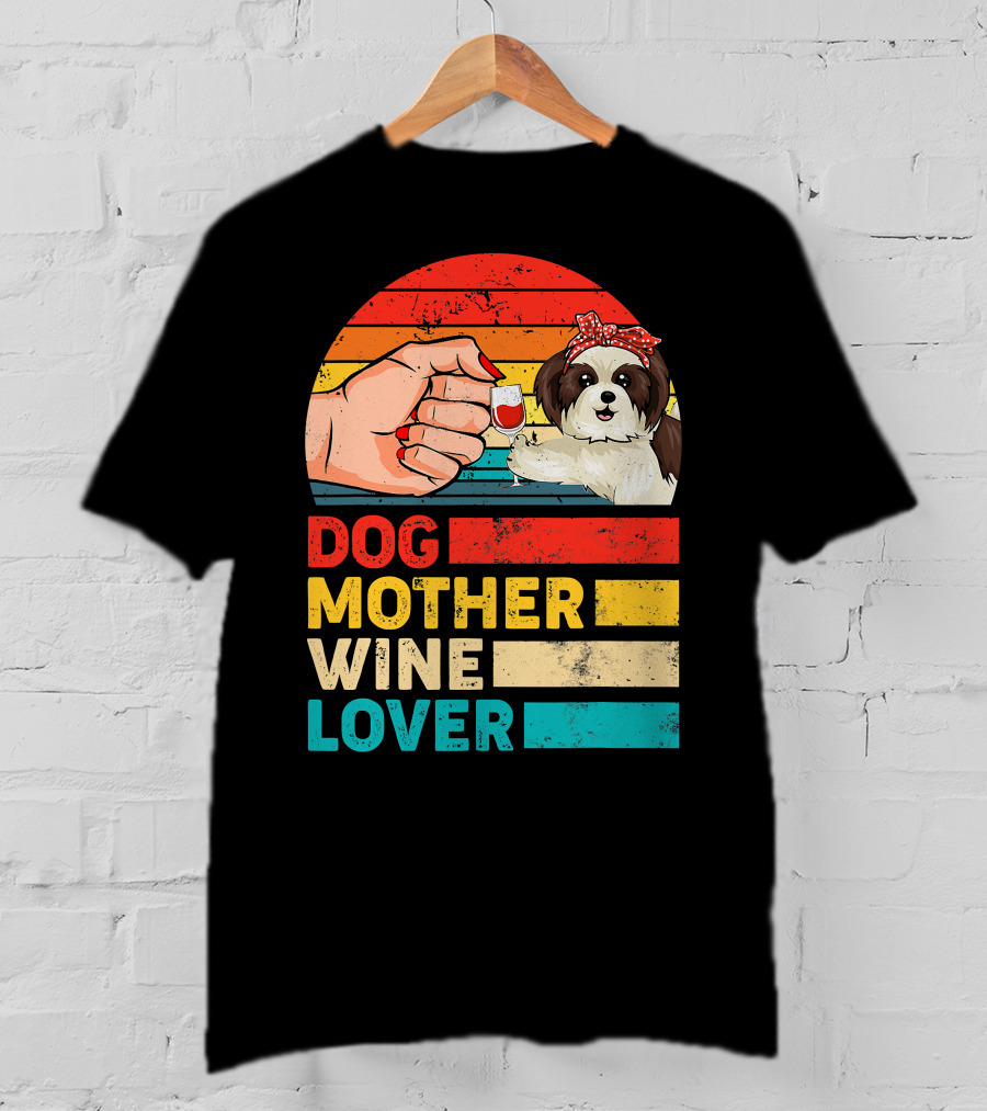 Dog Mother Wine Lover Shih Tzu Retro T-Shirt