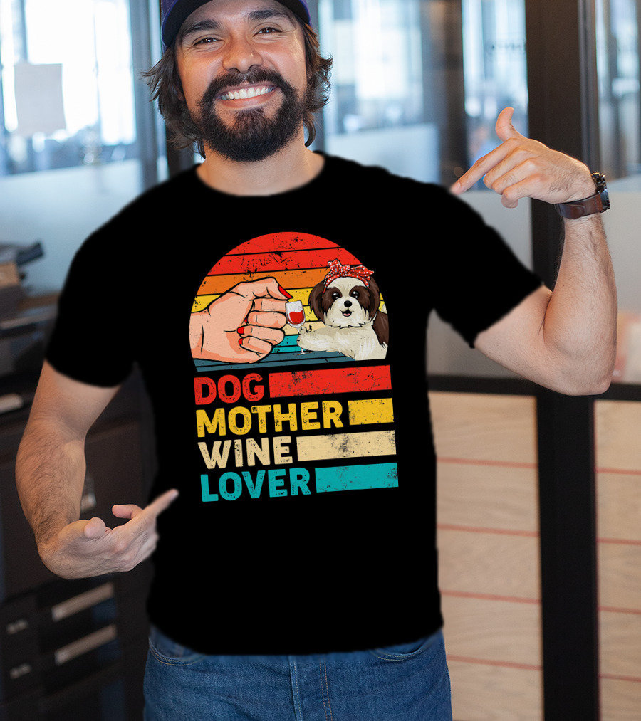 Dog Mother Wine Lover Shih Tzu Retro T-Shirt