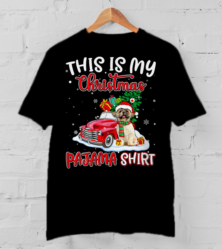 Retro Christmas Pajama Shih Tzu Santa Hat Presents Vintage Car T-Shirt