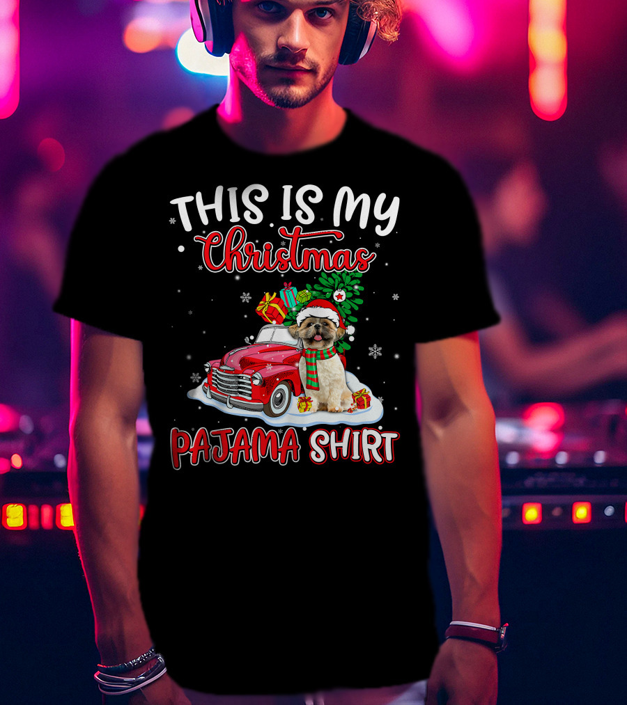 Retro Christmas Pajama Shih Tzu Santa Hat Presents Vintage Car T-Shirt