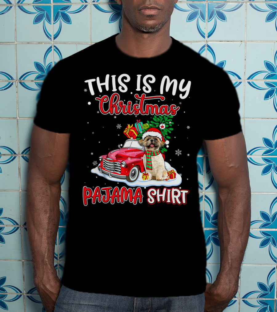 Retro Christmas Pajama Shih Tzu Santa Hat Presents Vintage Car T-Shirt