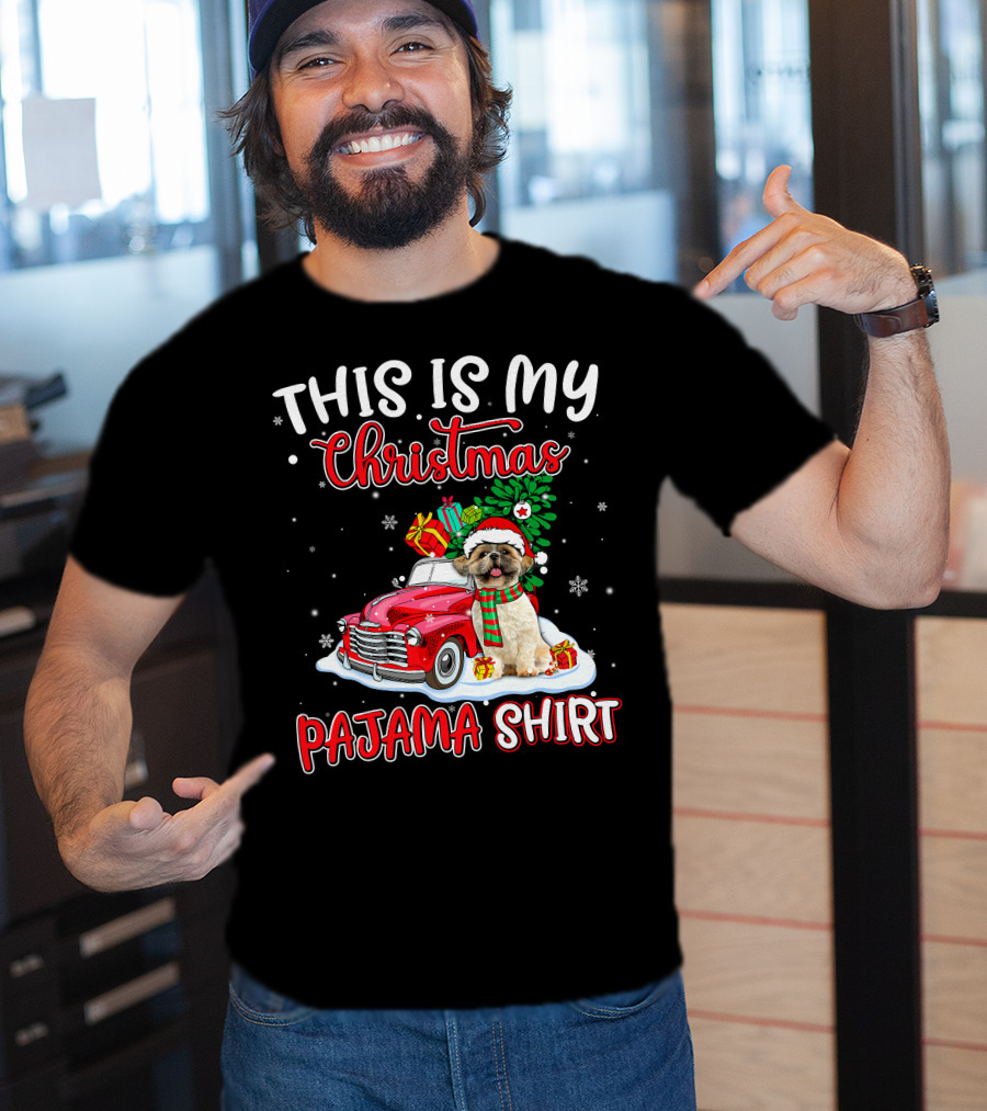 Retro Christmas Pajama Shih Tzu Santa Hat Presents Vintage Car T-Shirt