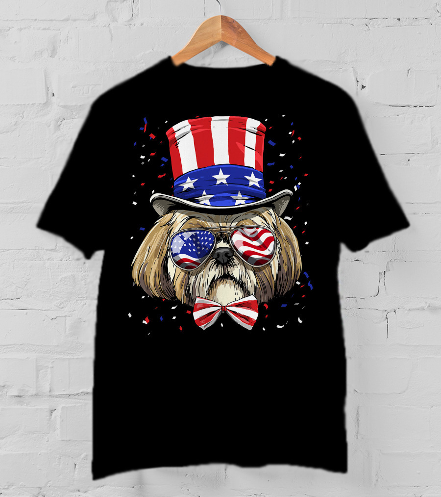 Shih Tzu Fourth Of July American Dog In USA Flag Hat And Glasses T-Shirt