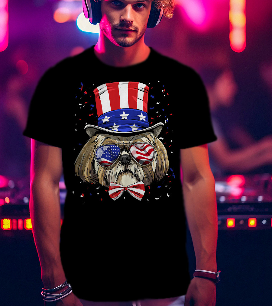 Shih Tzu Fourth Of July American Dog In USA Flag Hat And Glasses T-Shirt
