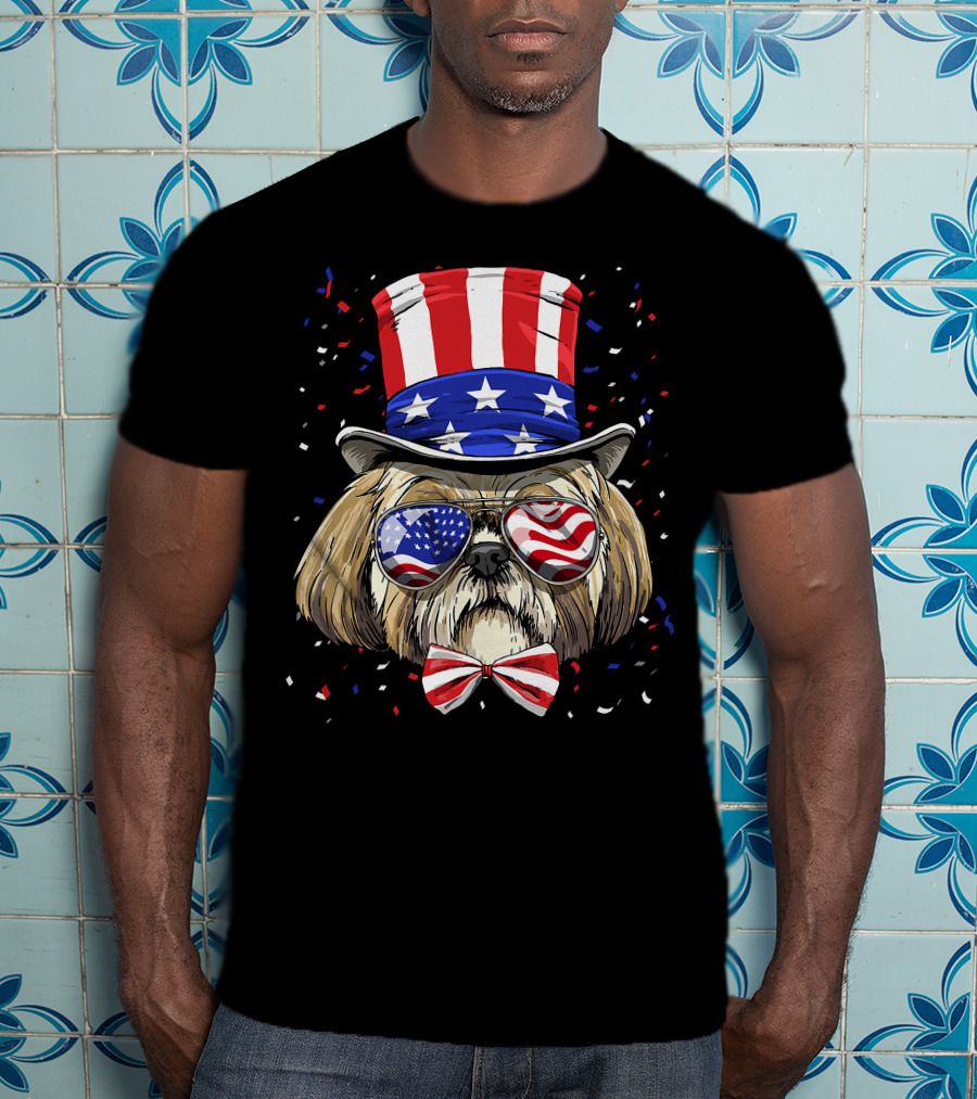 Shih Tzu Fourth Of July American Dog In USA Flag Hat And Glasses T-Shirt
