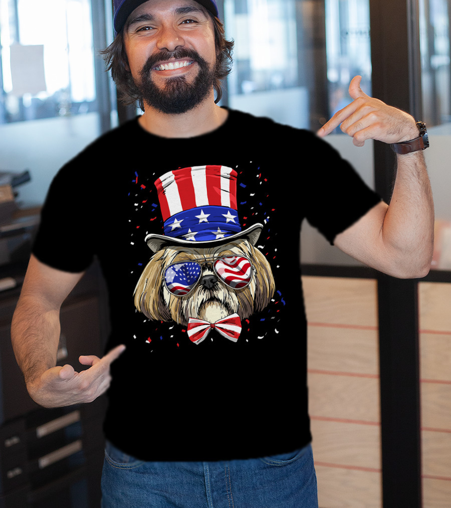Shih Tzu Fourth Of July American Dog In USA Flag Hat And Glasses T-Shirt
