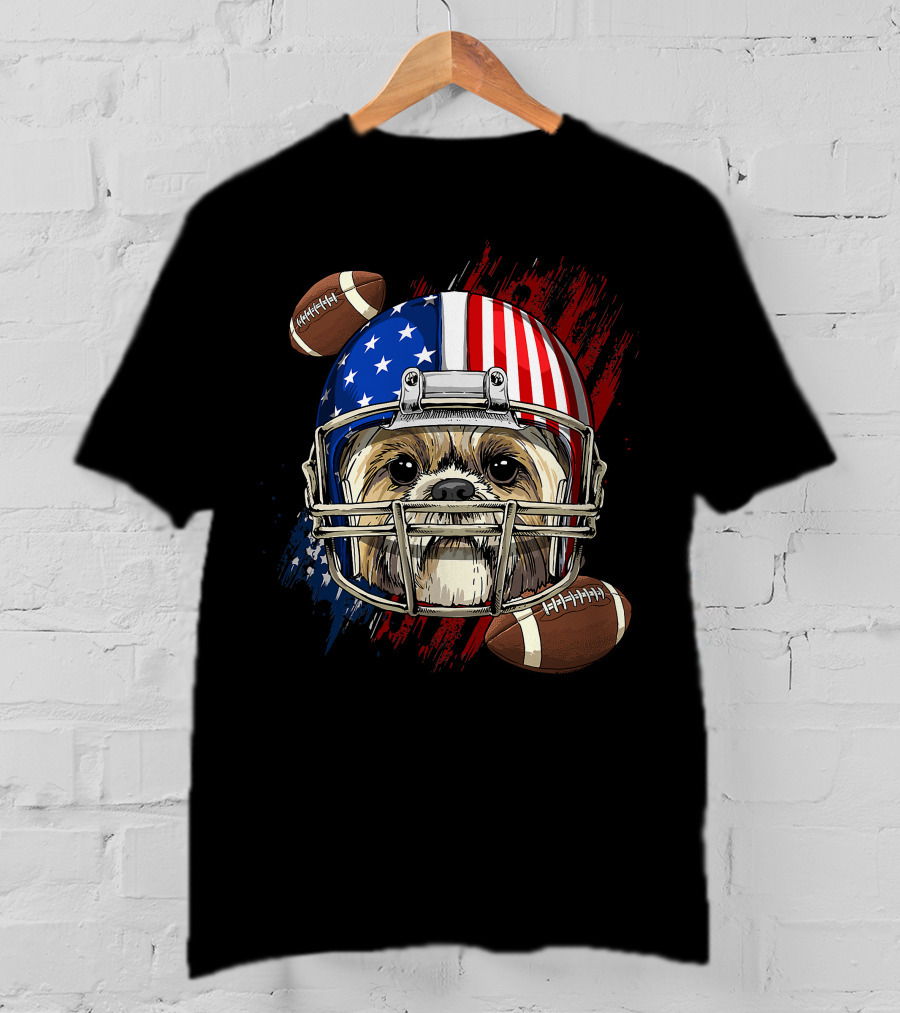 Shih Tzu In American Football Helmet With USA Flag And Footballs T-Shirt