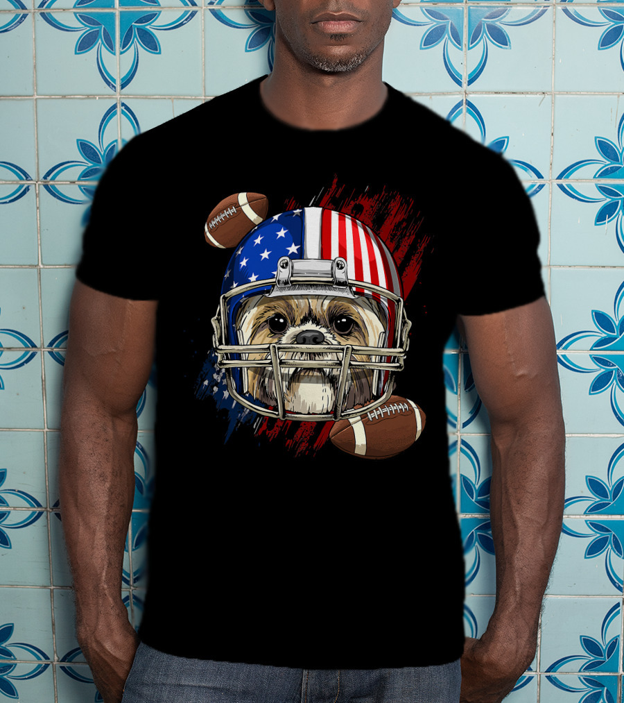 Shih Tzu In American Football Helmet With USA Flag And Footballs T-Shirt