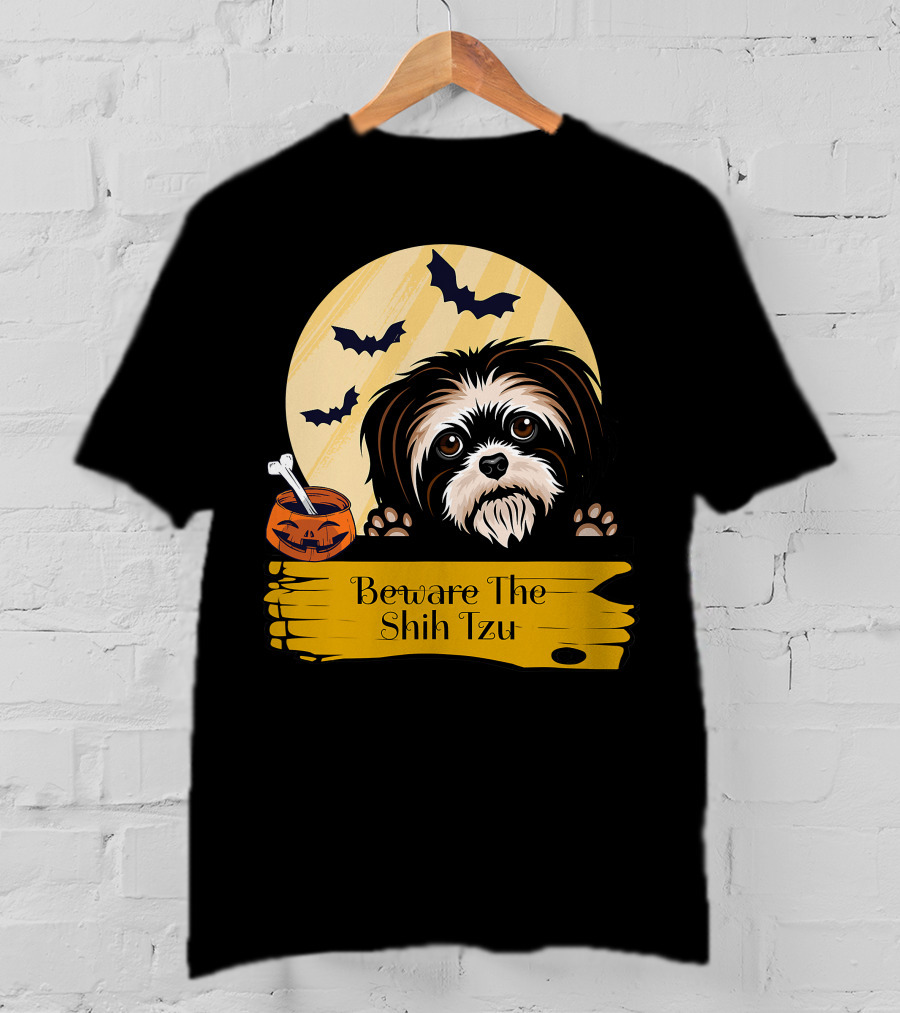 Beware The Shih Tzu Halloween Bats Moon Pumpkin T-Shirt