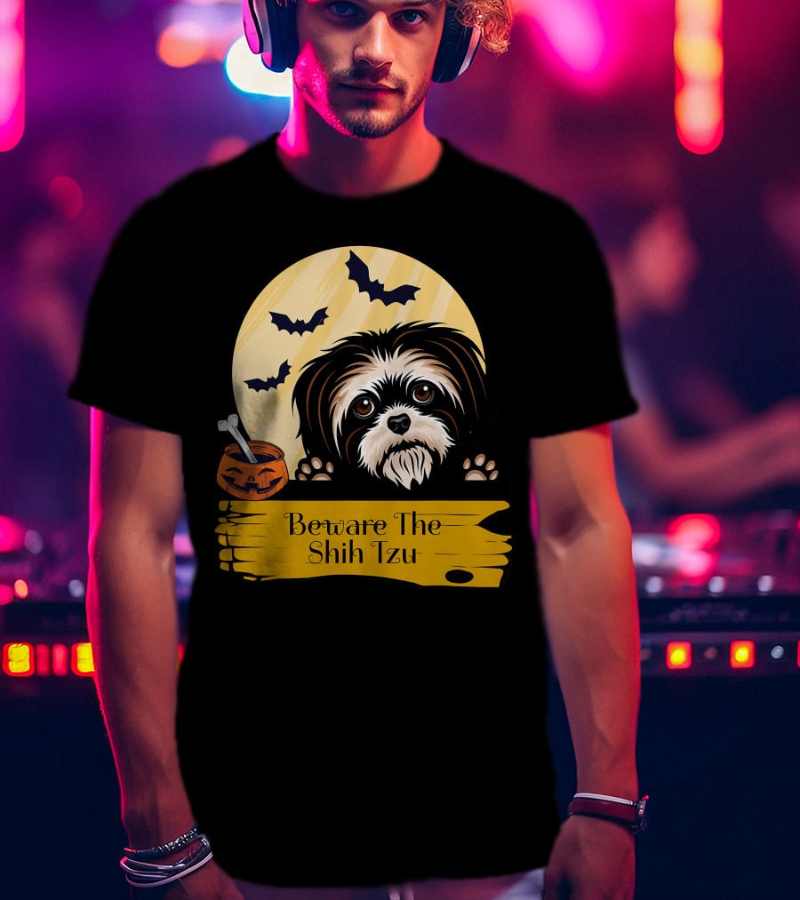 Beware The Shih Tzu Halloween Bats Moon Pumpkin T-Shirt