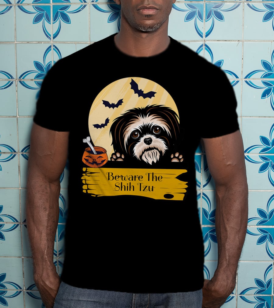 Beware The Shih Tzu Halloween Bats Moon Pumpkin T-Shirt