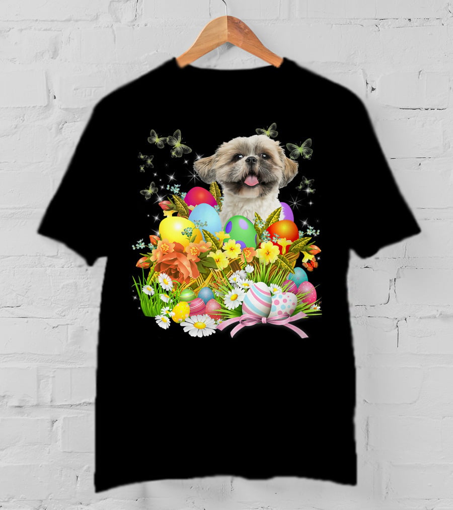 Shih Tzu Bunny Dog With Easter Eggs And Floral Basket T-Shirt