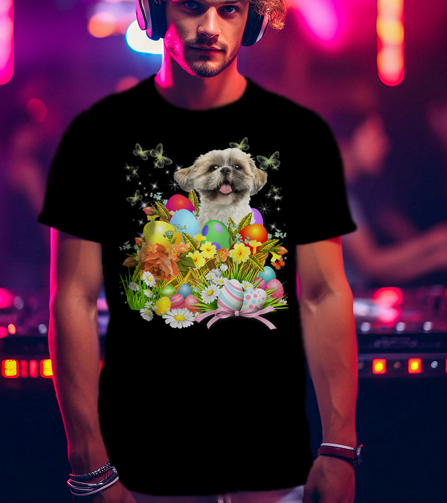Shih Tzu Bunny Dog With Easter Eggs And Floral Basket T-Shirt