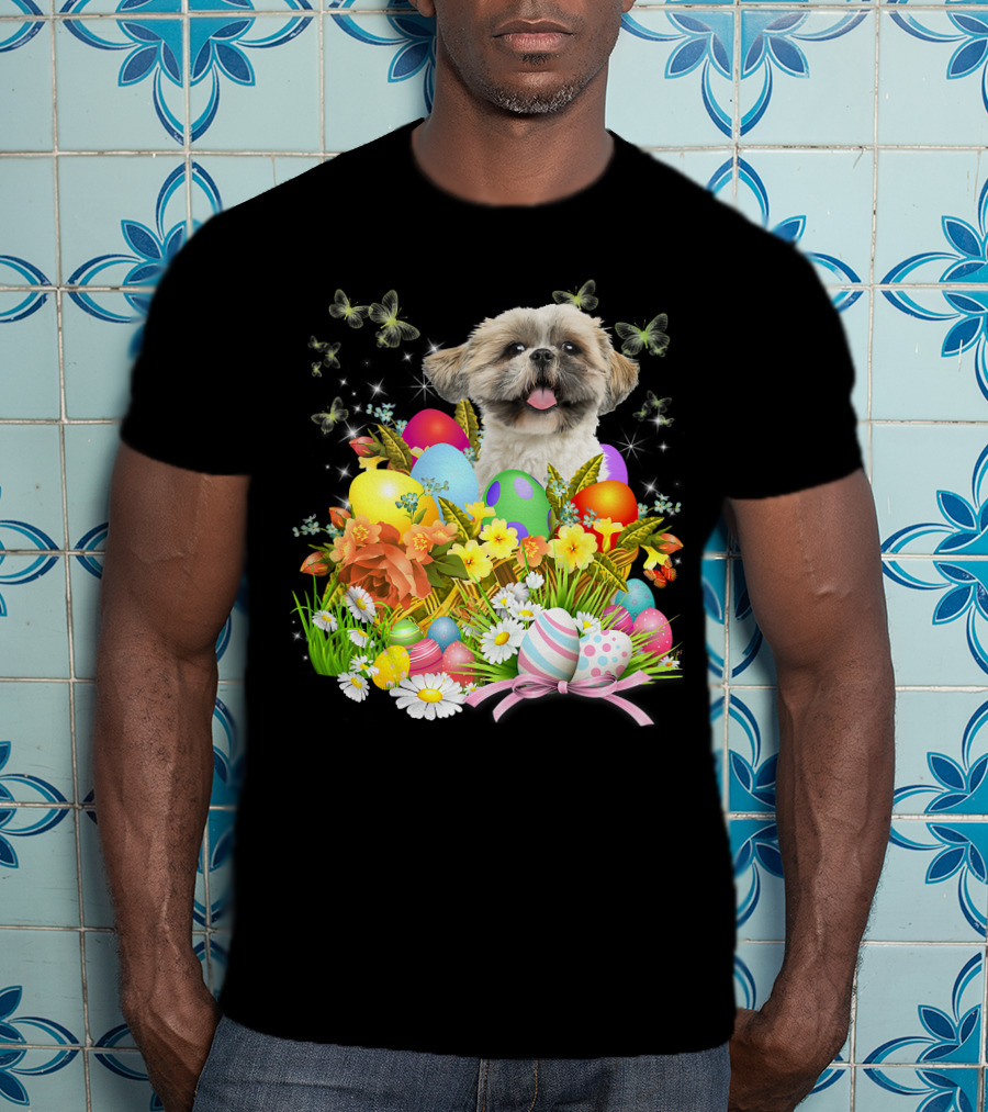 Shih Tzu Bunny Dog With Easter Eggs And Floral Basket T-Shirt