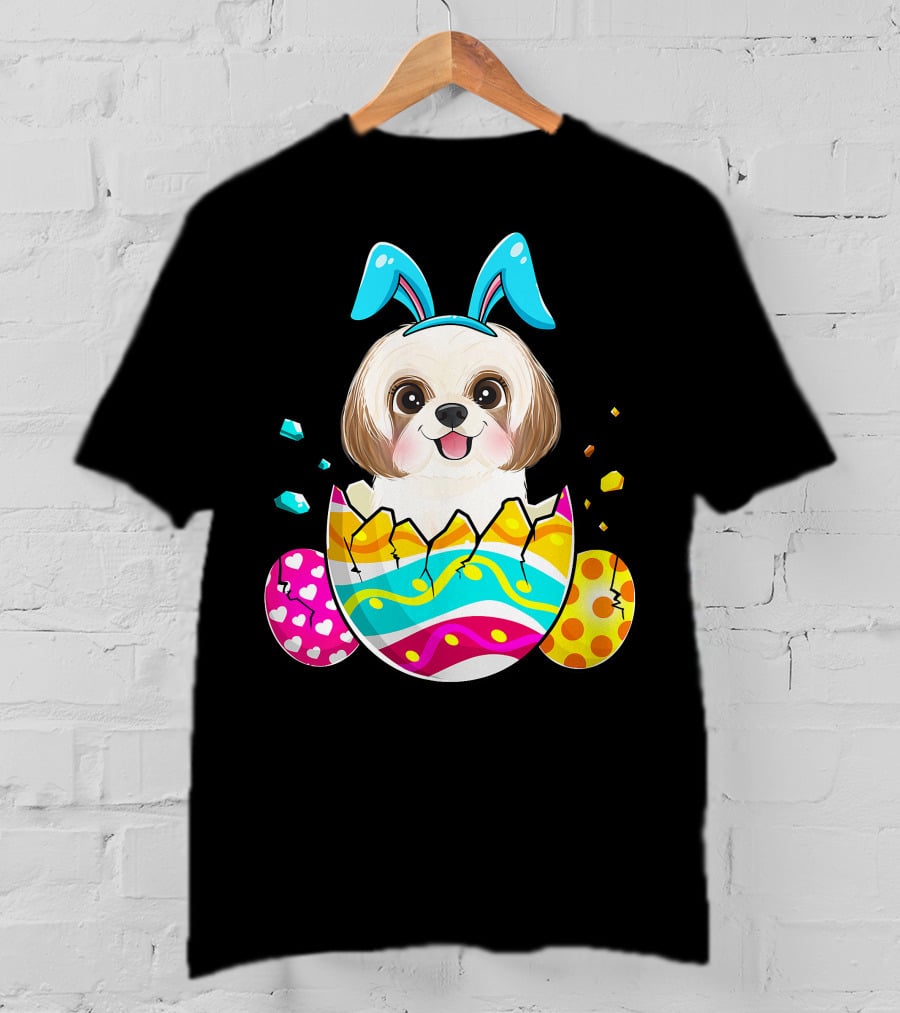 Shih Tzu Bunny Ears Easter Day Cute Dog Dad With Colorful Eggs T-Shirt