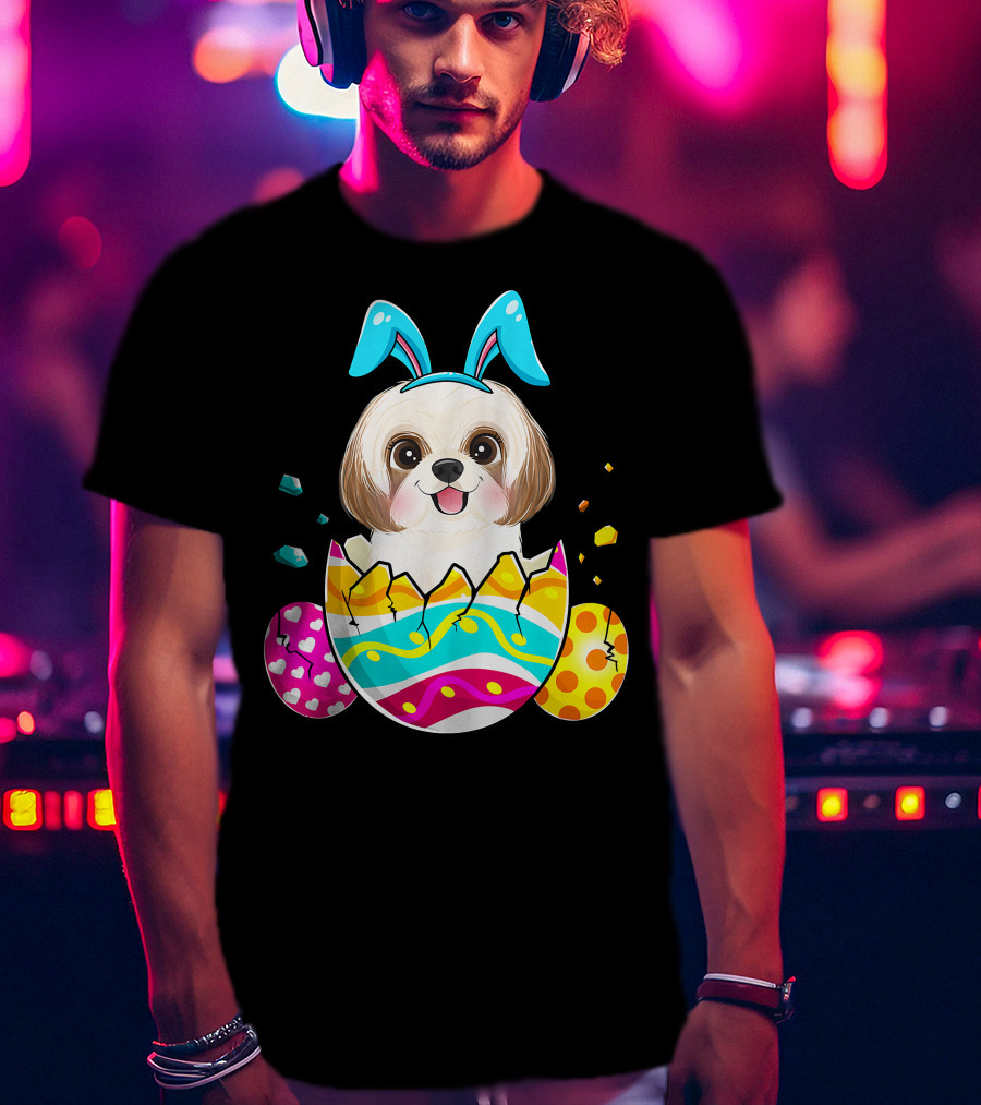 Shih Tzu Bunny Ears Easter Day Cute Dog Dad With Colorful Eggs T-Shirt